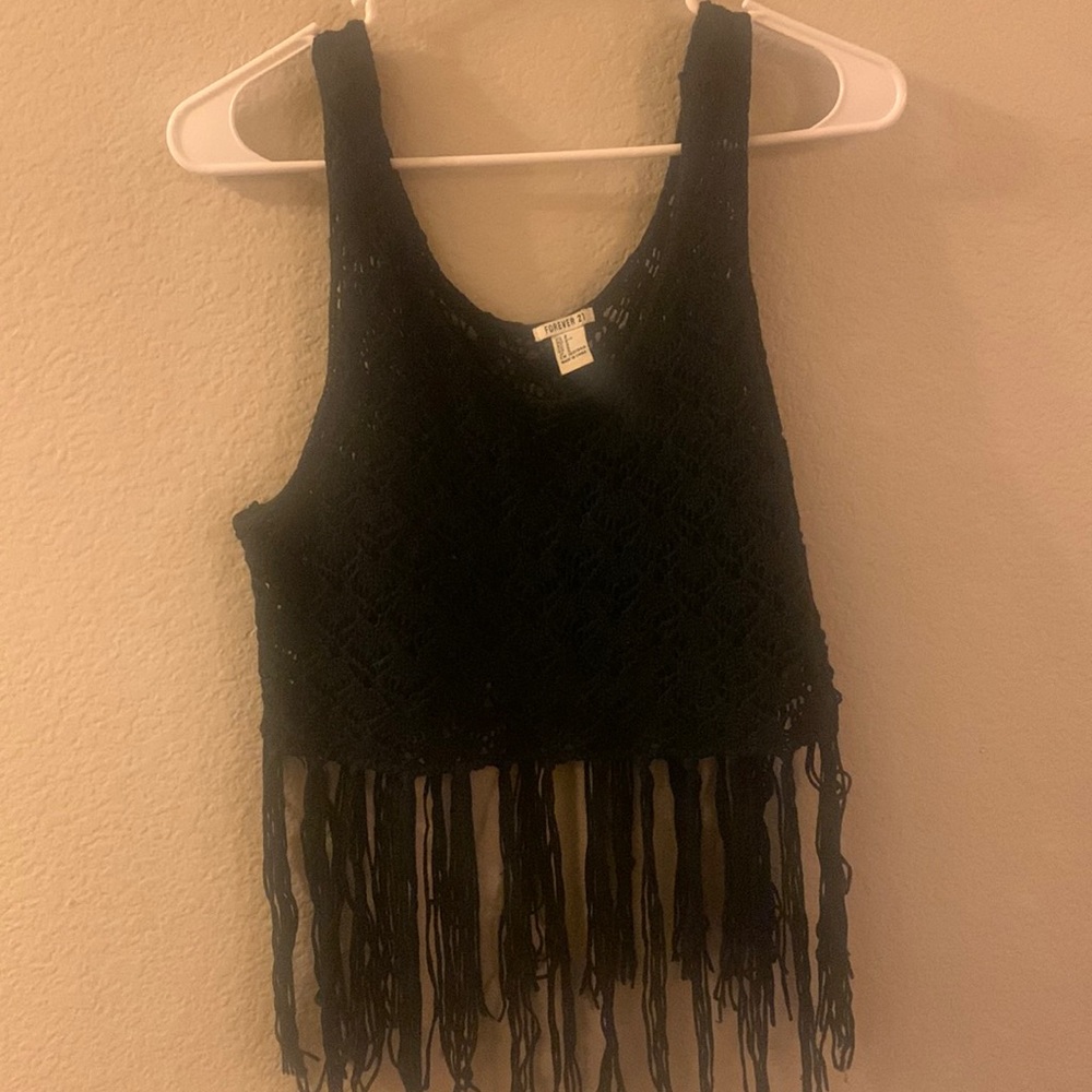 Black frayed crochet top